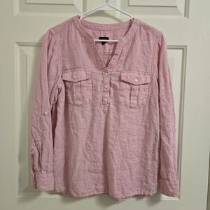 Talbots Women's 100% Pink Linen Popover Blouse Size Large Petite